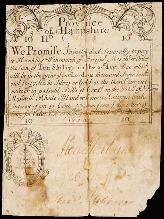 Colonial Currency, NH, Dec. 25, 1734, 10s Merchant: New Hampshire CurrencyRare December 25, 1734 Ten Shillings Merchant's Note Province of New Hampshire. December 25, 1734 Merchant's Note. Ten Shillings. Fine. Fr. NH-38e. ( Based upon the PMG l