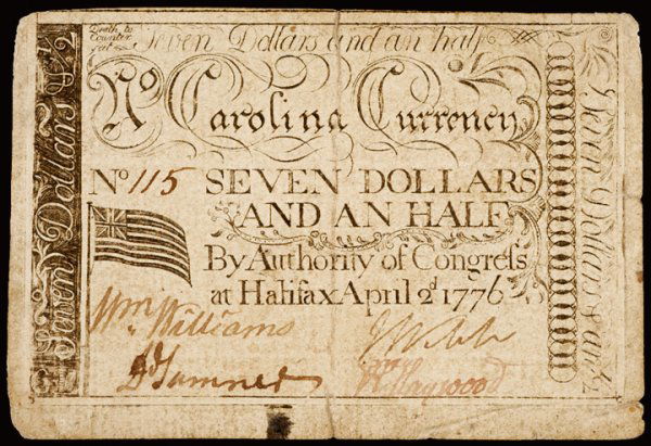 Colonial Currency, NC, April 2, 1776, $7-1/2: North Carolina CurrencyPleasing April 2, 1776 Seven Dollars and an Half with "U.S. Flag with 13 Stripes and Union Jack" Vignette. North Carolina. April 2, 1776. Halifax Issue. Seven Dollars an