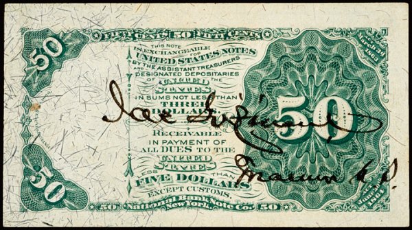 Fractional Currency, Gilfillan Courtesy, Dexter No: Fractional CurrencyGilfillan Courtesy on Dexter Note & Possibly Unique FR-1379. Milton 4R50.3d. 4th Issue. 50¢. "Dexter" Vignette. Courtesy Autographed by "James Gilfillan." Choice About 