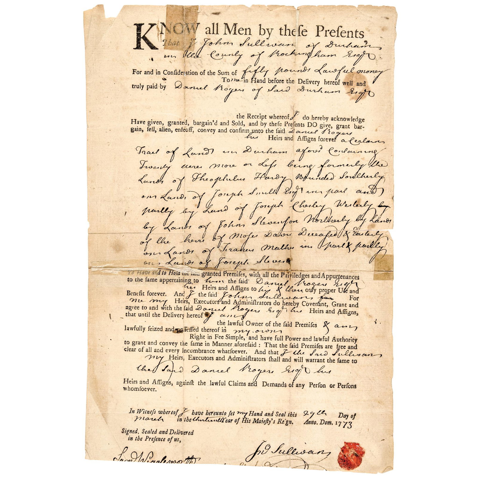 1773 Major General JOHN SULLIVAN Signed Document: Autographs American Revolutionary War Major General John Sullivan Signed 20 Acre Land Sale for "Fifty Pounds Lawful money" Major General JOHN SULLIVAN (1740 - 1795). Lawyer, American Revolution Contin