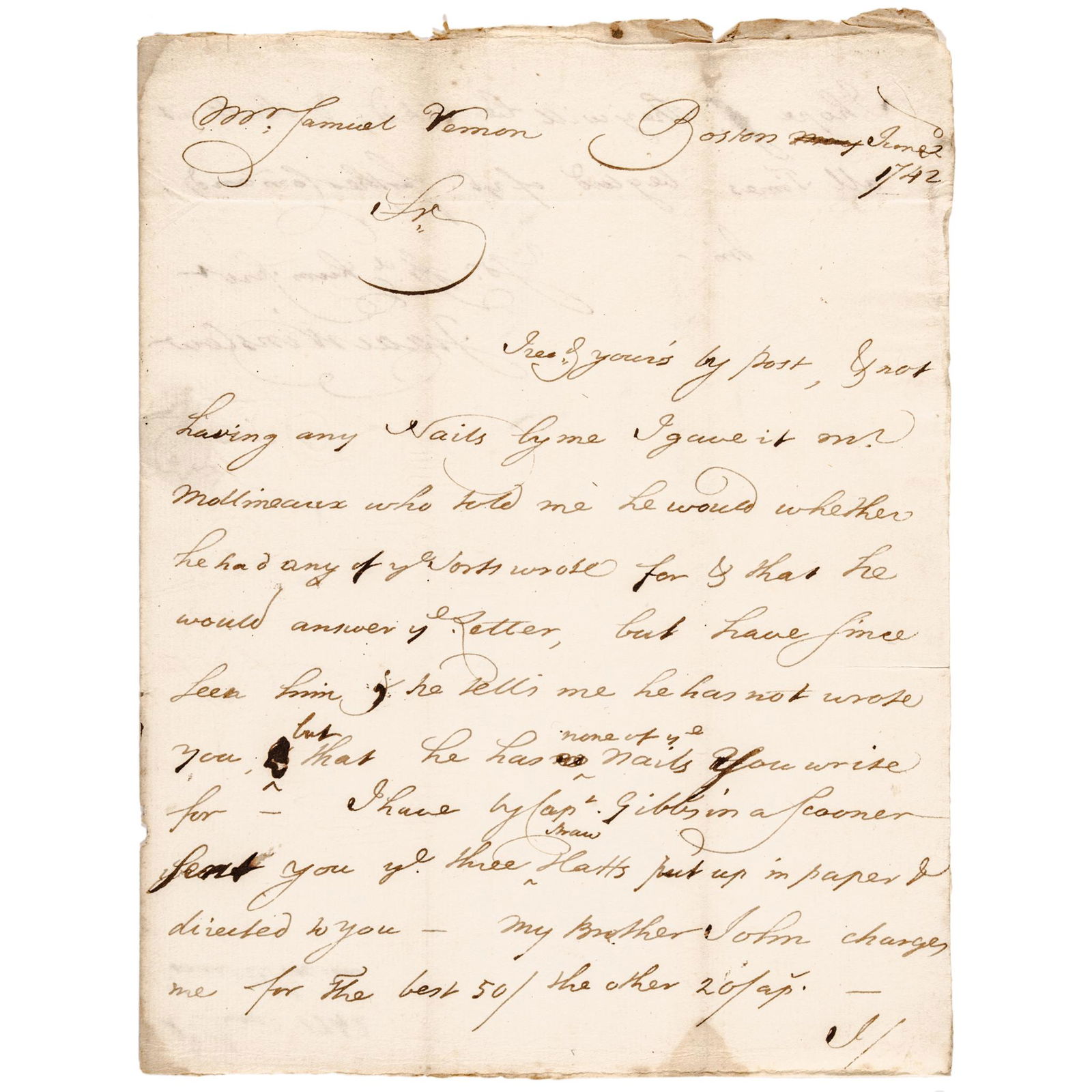 1742 ISAAC WINSLOW Boston TEA PARTY Merchant ALS: Colonial America Isaac Winslow Boston Merchant Autograph Letter Signed ISAAC WINSLOW (1709"1777). Boston Merchant, Loyalist, his nephew, Joshua, and his uncle, Richard Clarke, were among the Consignee