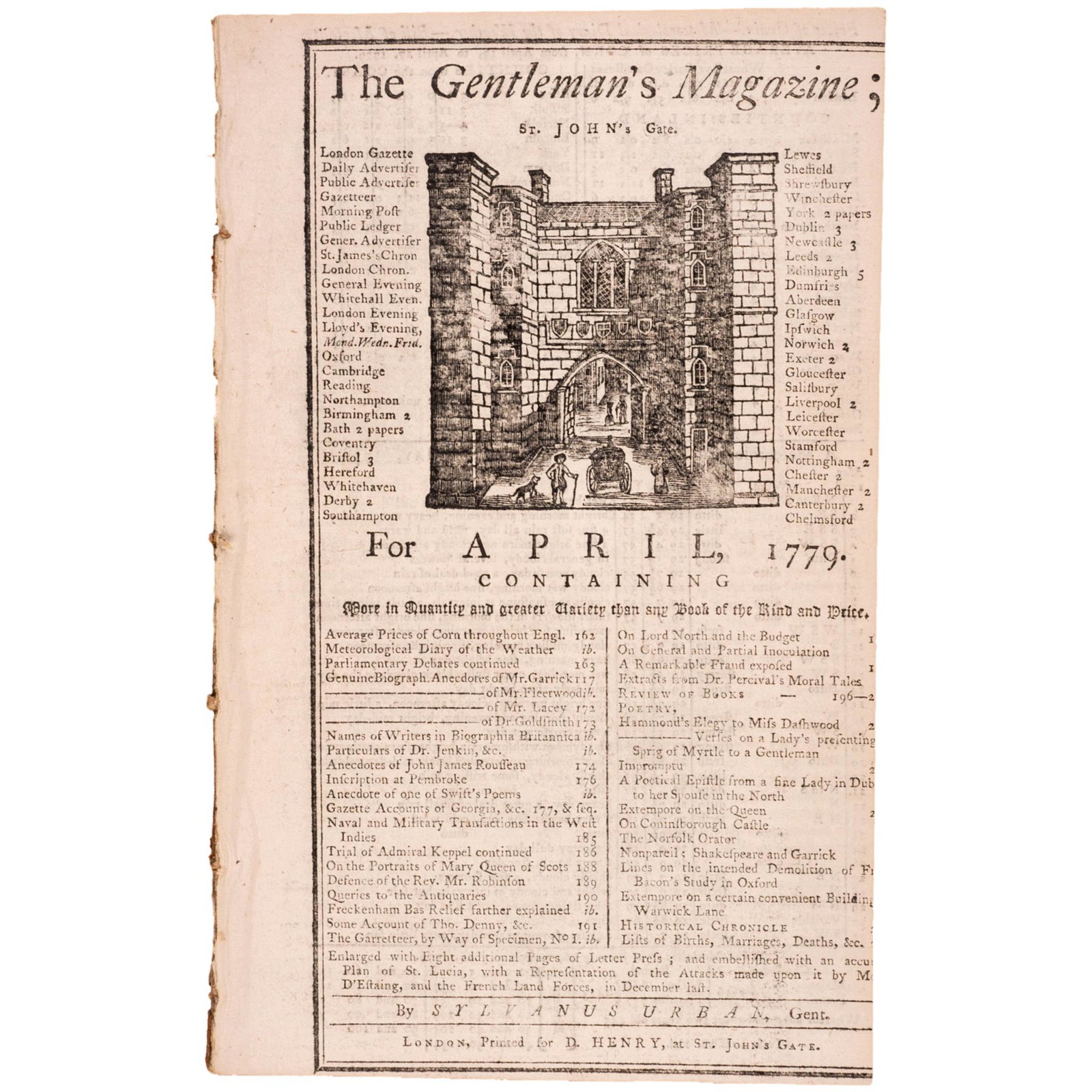 April 1779 The Gentlemans Magazine: Smallpox!: American Revolution 1779 Report: Inoculations to Stop the Spread of Smallpox! April 1779-Dated Revolutionary War, THE GENTLEMAN'S MAGAZINE, London, England, Very Fine. This Monthly Magazine measures 8