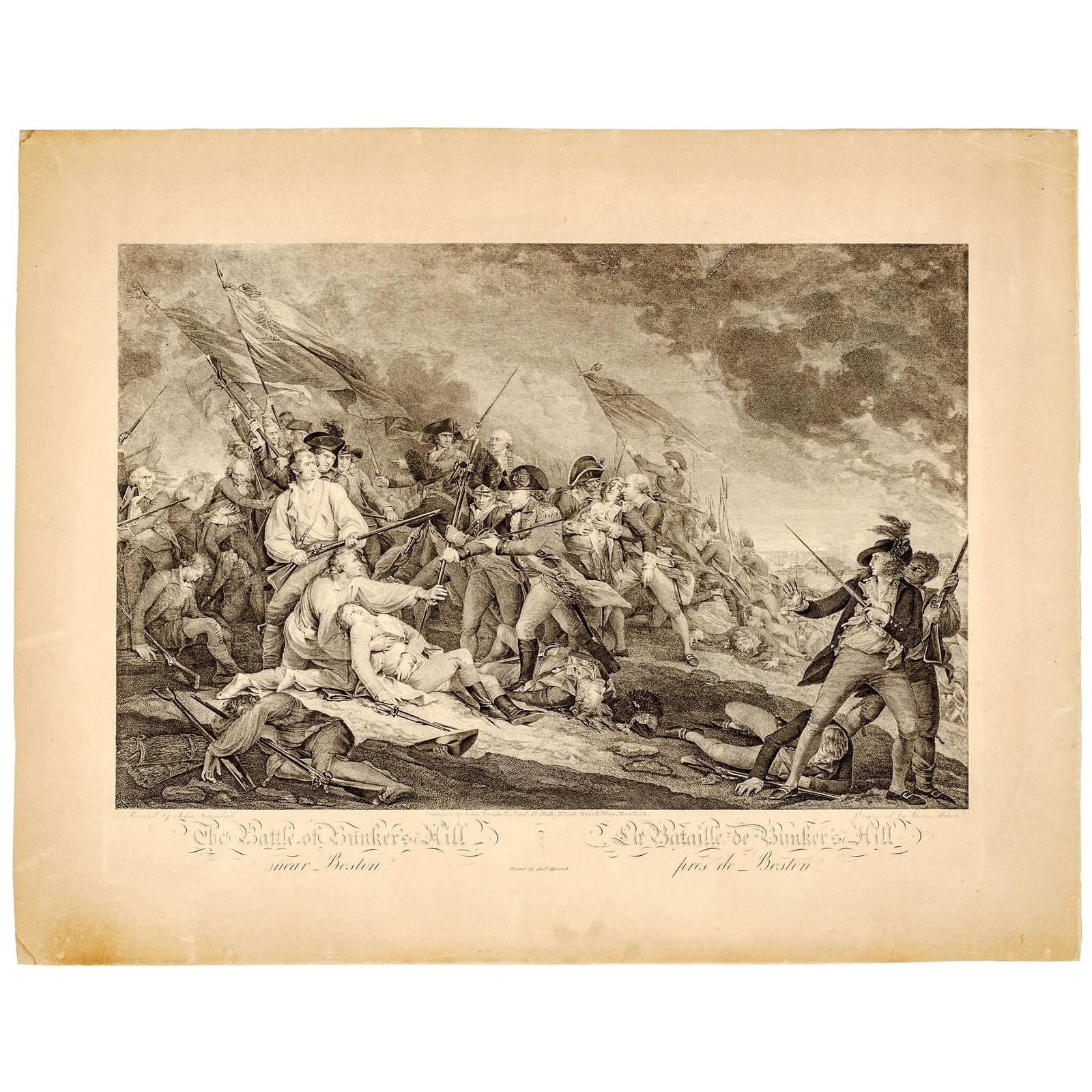 1808 The Battle of Bunkers Hill by John Trumbull: American Revolution "The Battle of Bunker's Hill / Near Boston" Historical Steel Engraving Published by John Trumbull 1808-Dated Federal Period, Superb Historical Steel Plate Engraving titled, "The Ba