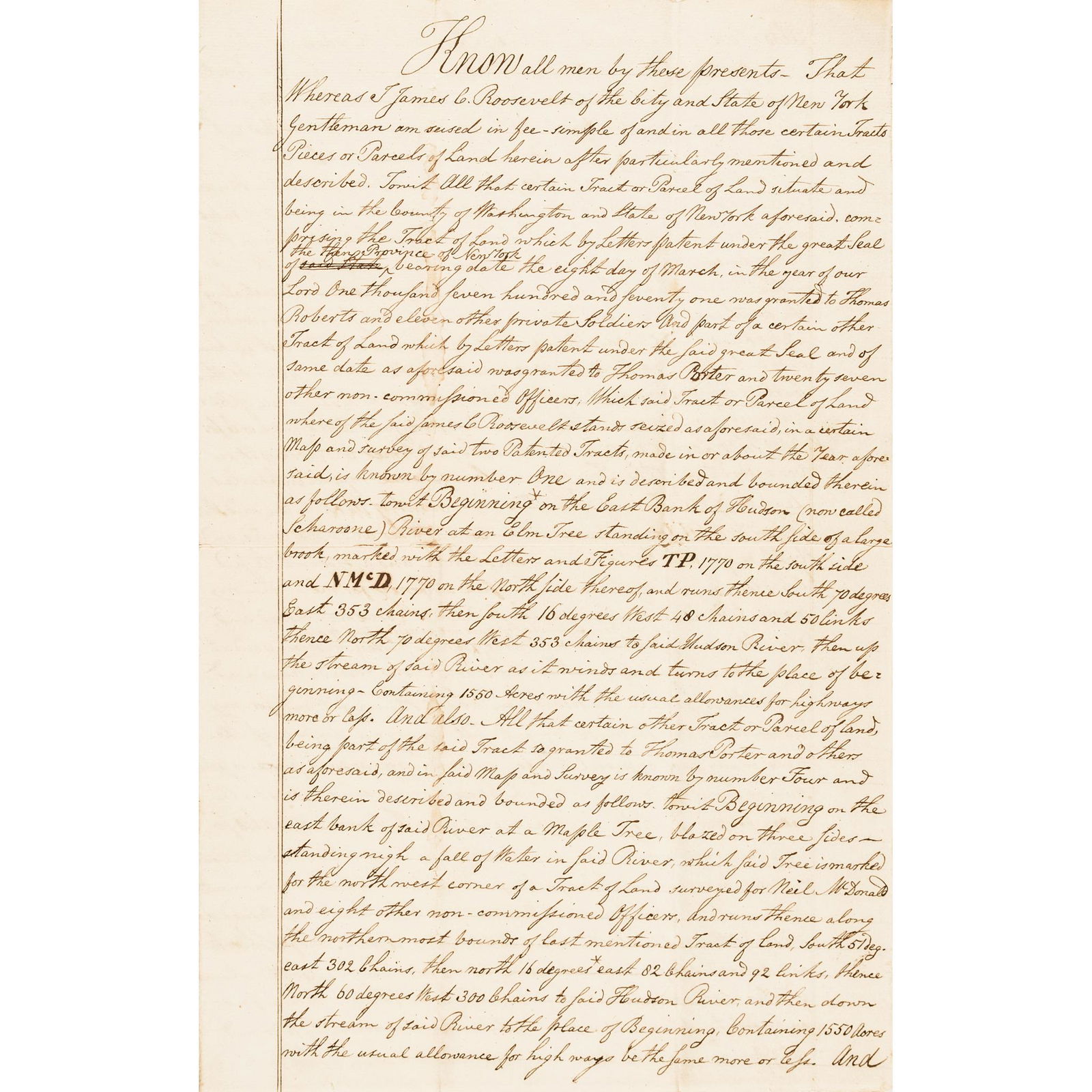 1814 Teddy Roosevelts Ancestor Signed Land Grant: Post-Revolutionary War to Civil War Teddy Roosevelt's Ancestor James C. Roosevelt Signed War of 1812 Land Grant Claim to N.Y. Land Granted in 1770 May 28, 1814-Dated War of 1812 Period, Manuscript Doc
