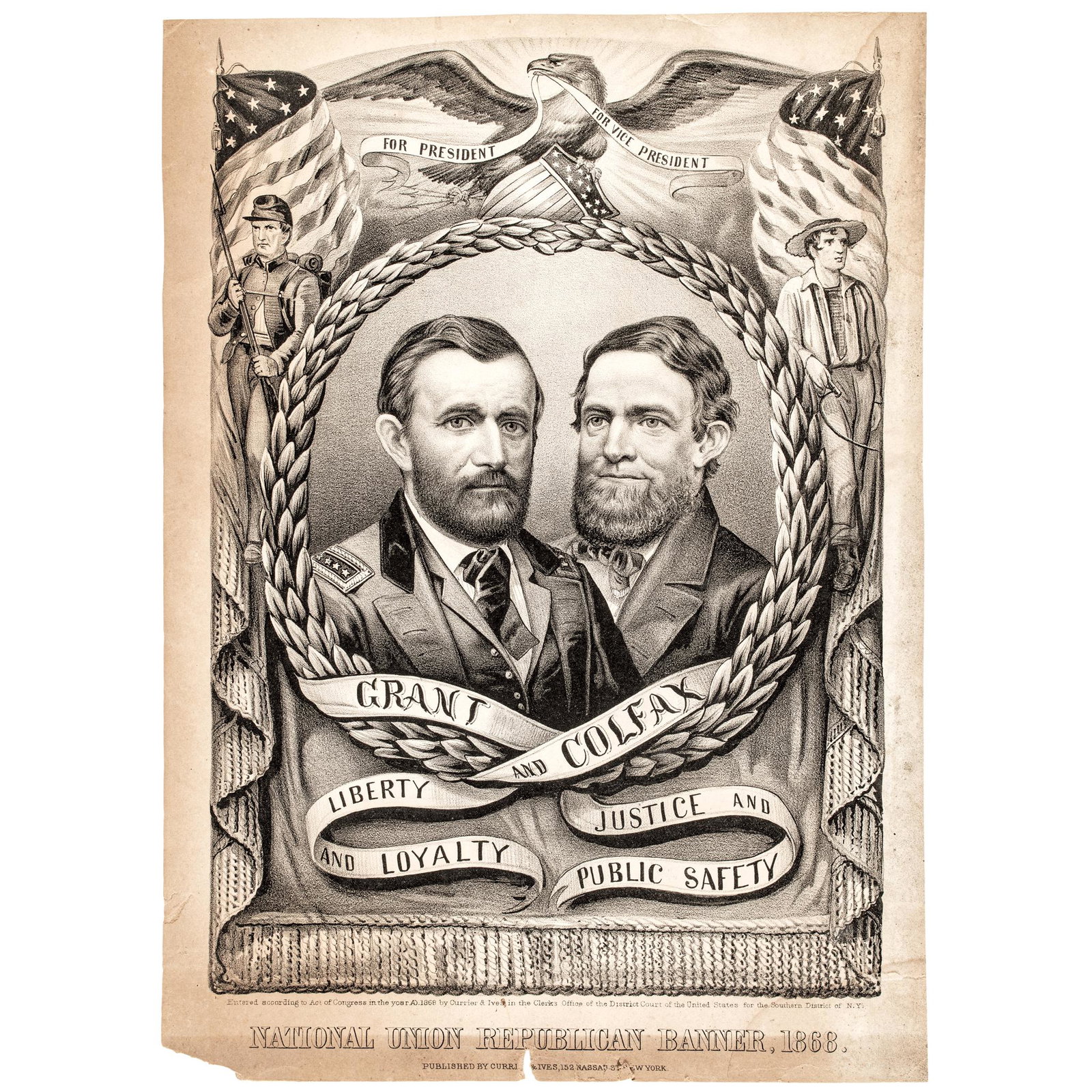 1868 Grant + Colfax Presidential Campaign Banner: Political 1868 Grant and Colfax Presidential Campaign Banner 1868 Grant and Colfax Jugate Presidential Campaign Banner as the National Union Republican Candidates, published by Currier & Ives, New Yor
