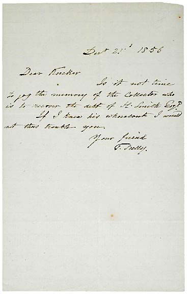 THOMAS SULLY Signed Letter 1856: "AutographsTHOMAS SULLY. Autograph Letter Signed, “T. Sully”, December 21, 1856, no place, 8” x 5,” Choice Very Fine. To “Dear Koecker,” Sully writes: Is it not tim
