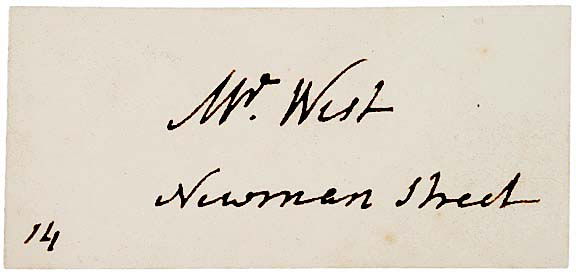 BENJAMIN WEST Visiting Card Signed: "AutographsArtist Benjamin West’s Visiting Card BENJAMIN WEST, British Portrait Painter, Founder and President of the Royal Academy. Visiting Card Signed: “Mr. West / Newman Street,”