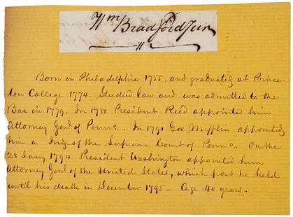 Attorney Gen. WILLIAM BRADFORD, Clipped Signature: AutographsWILLIAM BRADFORD, Second Attorney General of the United States. Clipped Signature, “Wm Bradford,” in brown ink on laid paper, no date, .5” x 3”, 1 page, choice