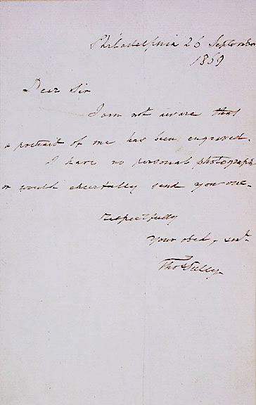 THOMAS SULLY, Signed Letter 1859: AutographsPainter Thomas Sully “I have no personal photographs...” THOMAS SULLY, American Painter. Autograph Letter Signed “Thos. Sully,” September 26, 1859, Philadelphia, 7.75
