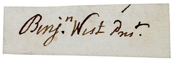 British Painter BENJAMIN WEST Signature: AutographsBENJAMIN WEST, British Portrait Painter, Founder and President of the Royal Academy. Clipped Signature “Benjn. West Prest.” as president of England’s Royal Academy, no date