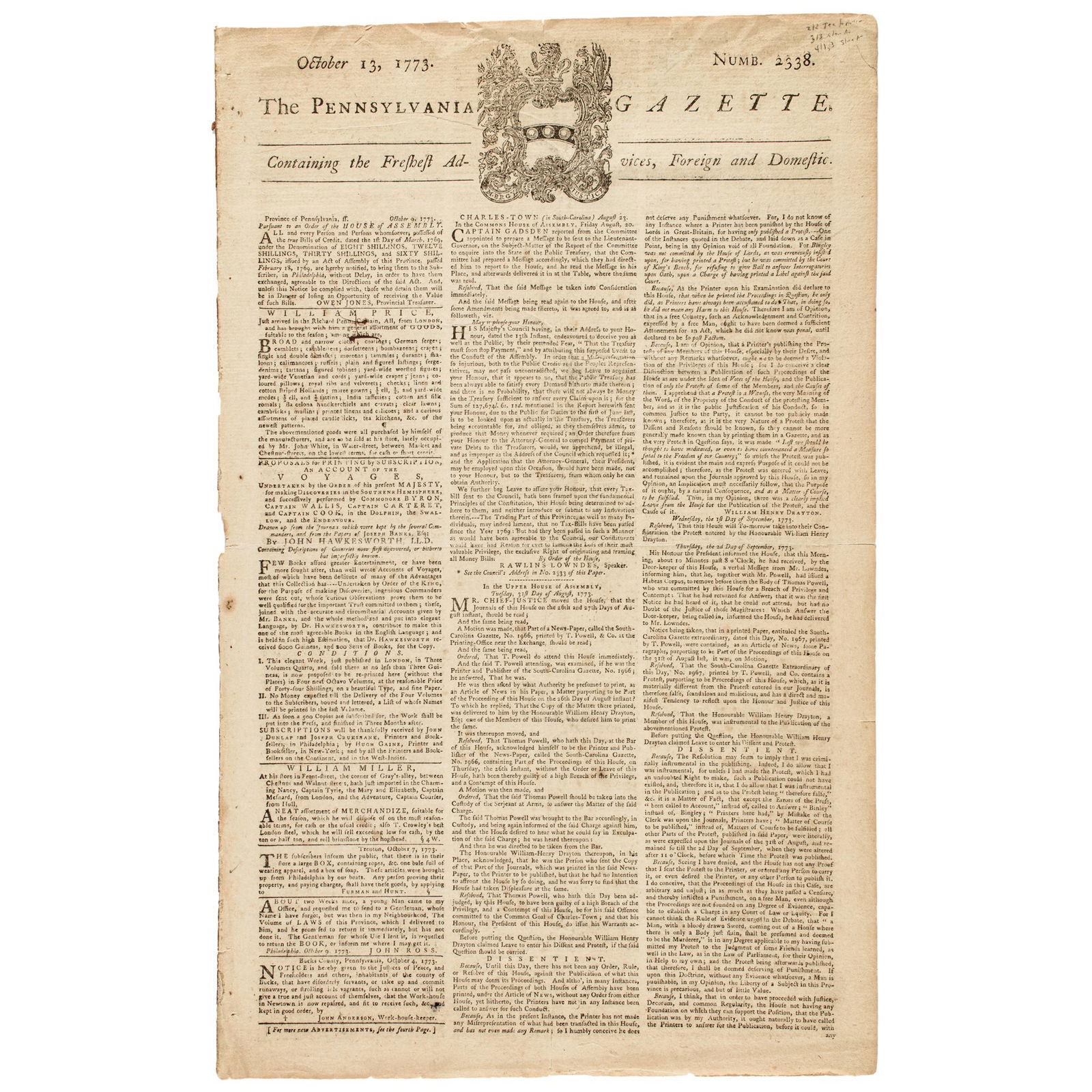 1773 Newspaper, Prelude to Boston Tea Party: Colonial America Colonial Newspaper Reporting on the British East India Tea Company Sending Tea Ships to the Colonies, the Prelude to the "Boston Tea Party" Tax Protest of December 16, 1773 October 13
