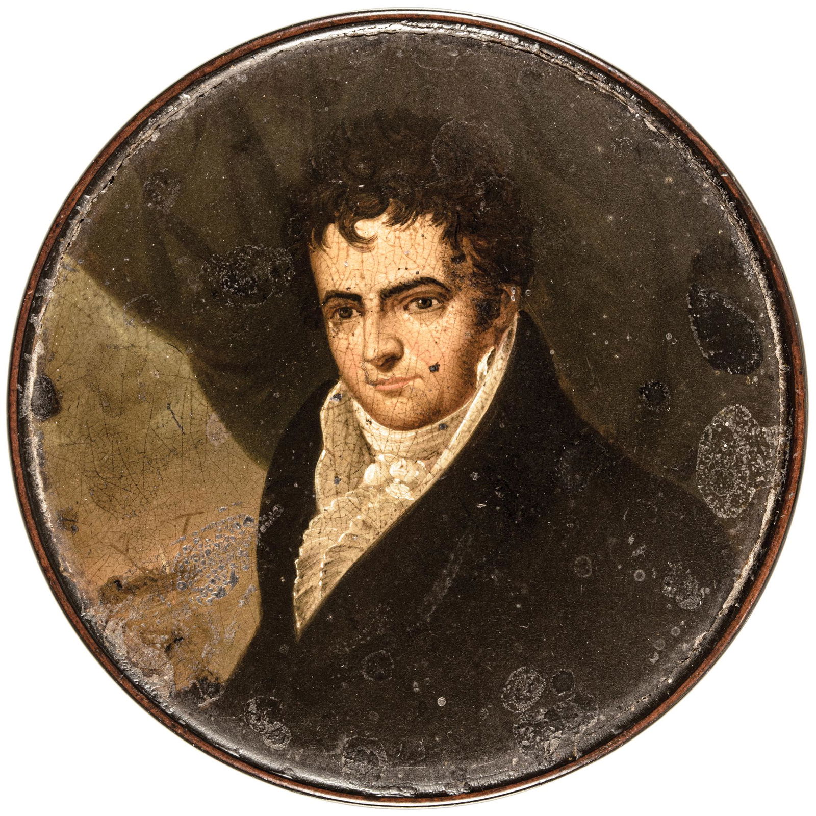 c. 1806 Hand-Painted Robert Fulton Snuff Box: Federal Period Robert Fulton Hand-Painted Portrait Decorated Snuff Box c. 1806 Federal Period, Excellent Hand-Painted Robert Fulton Portrait Snuff Box, after the Portrait Painting by Benjamin West in