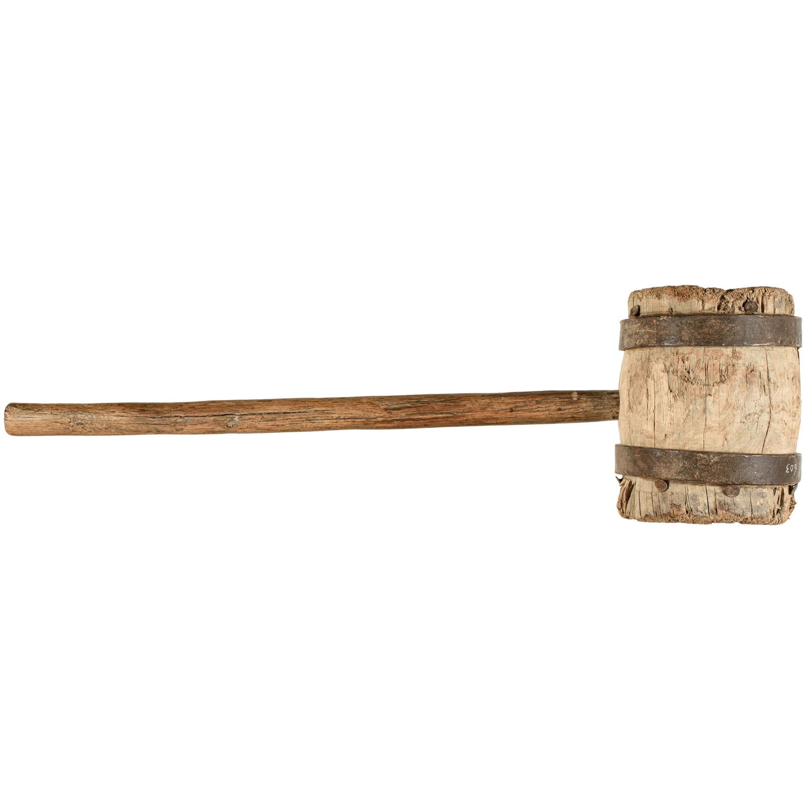 c 1850 Wooden Carnival or Circus Strongman Mallet: Post-Revolutionary War to Civil War Outstanding Original Circa 1850 Large Antique Iron Banded Wood Carnival or Circus Strongman Mallet c. 1850 mid-19th century, Outstanding Large Antique Iron Banded W