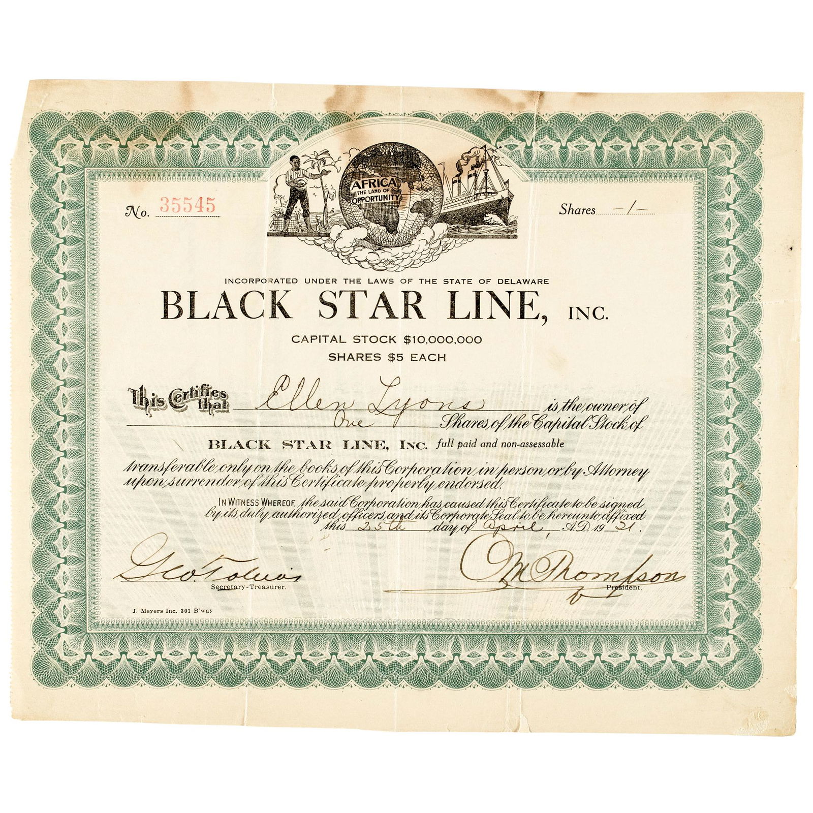 Important 1921 Black Star Line Stock Certificate: Black History Very Rare Important 1921 Black Star Line Stock Certificate April 25, 1921-Dated, Partly-Printed Document Signed, "M. Thompson" as President, Black Star Line Stock Certificate promoting B