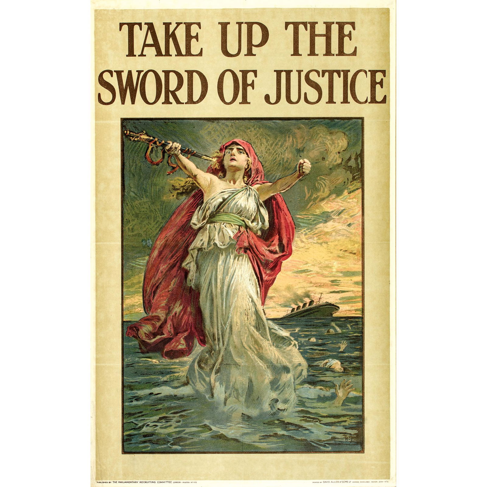 WWI Poster, Sword Of Justice w/Lusitania Sinking (1 of 3)