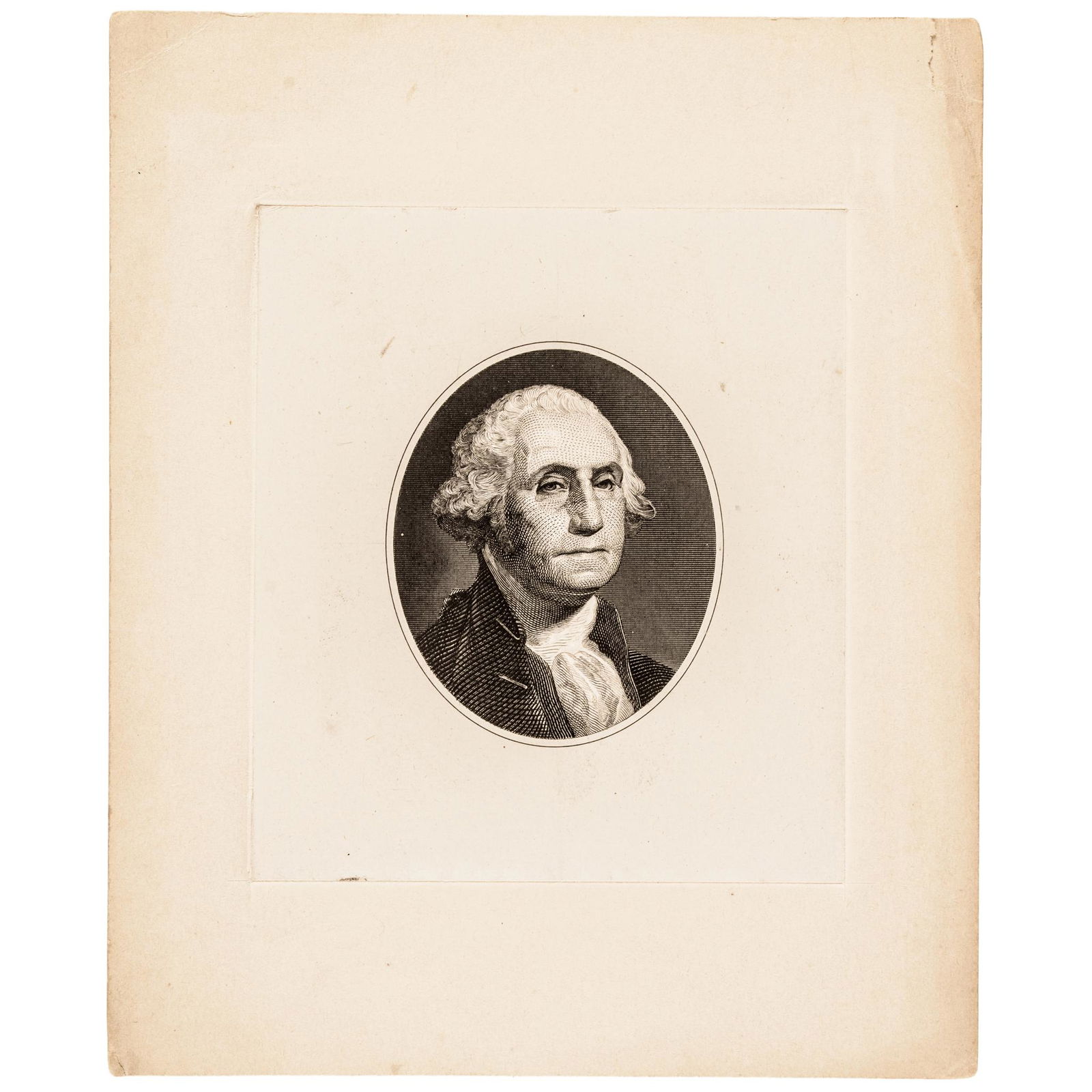 George Washington Engraved Die Sunk Oval Portrait: Washington Related George Washington Protrait Engraved Oval Vignette George Washington Engraved Die Sunk Oval Portrait on India Paper on Card, After Gilbert Stuart, Crisp Mint. This impressive Engrave