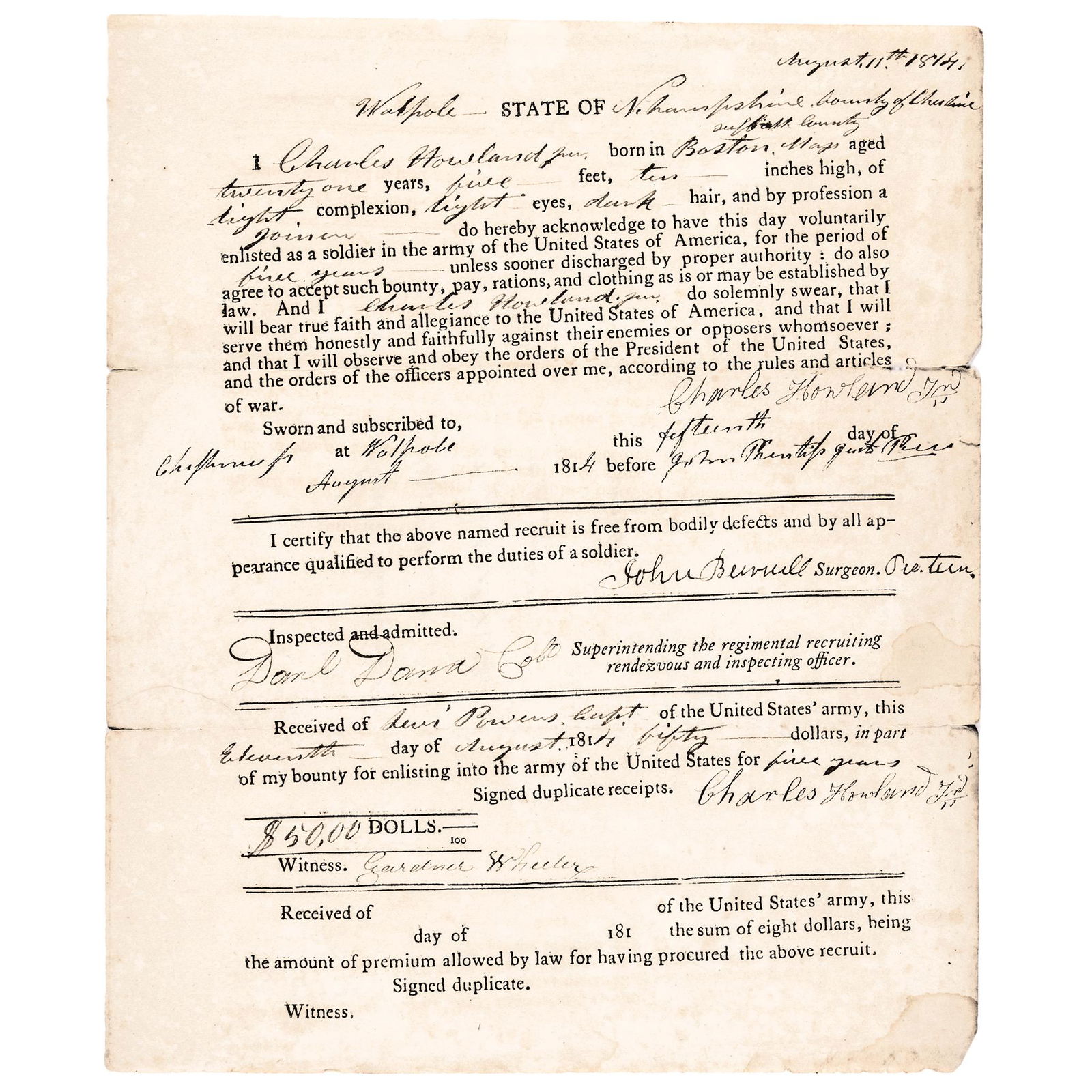 War of 1812 New York Printed Enlistment Document (1 of 6)