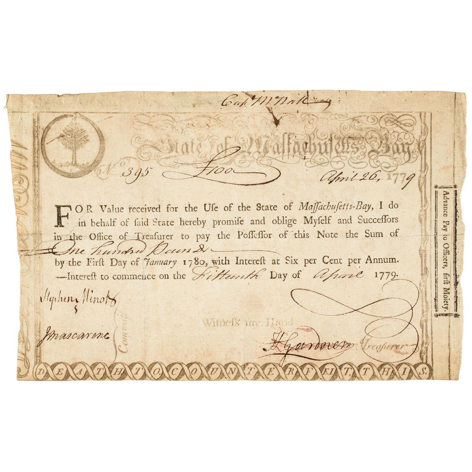 1779 Rev. War Massachusetts Advance Pay To Officers (1 of 2)