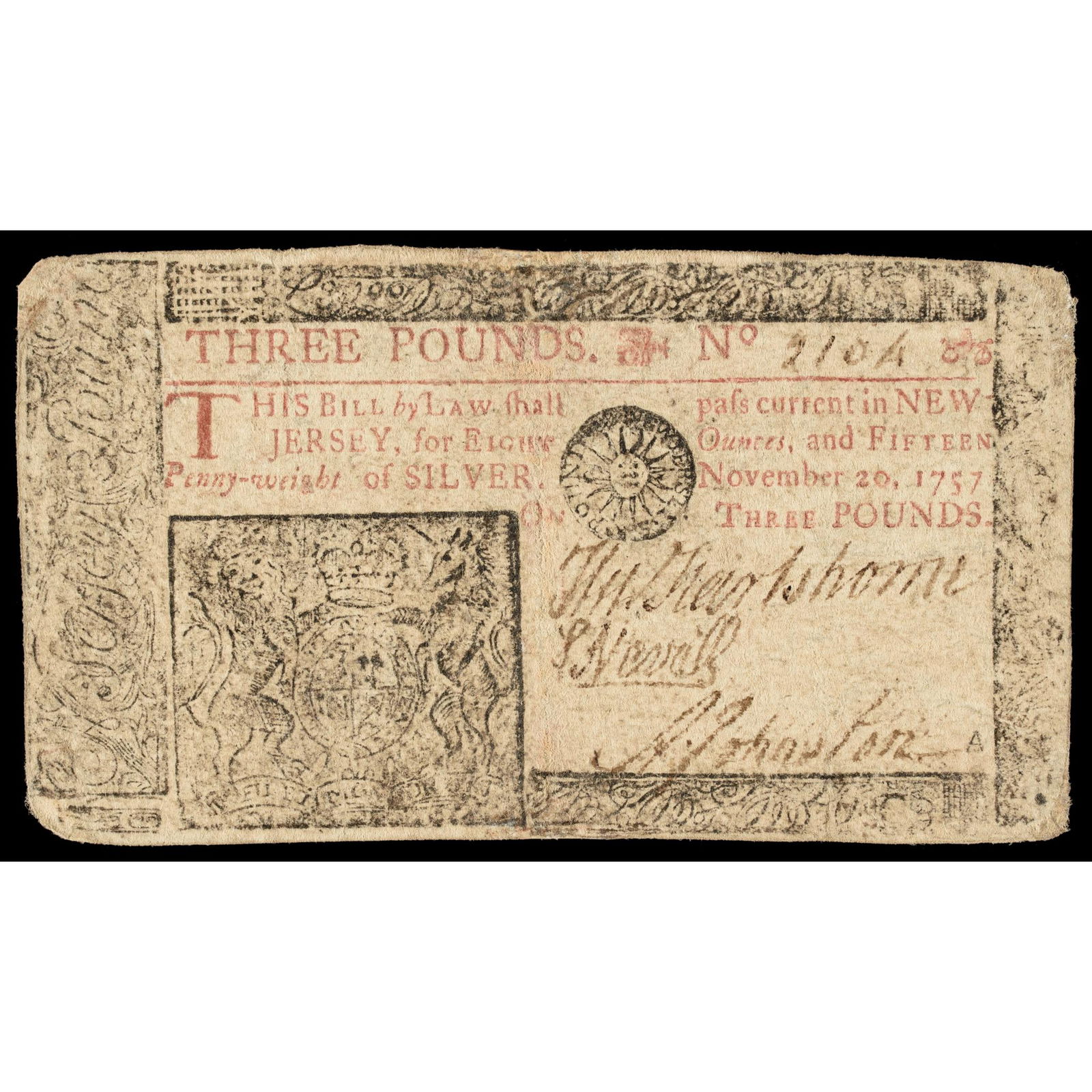 Colonial Currency, Nov. 20, 1757 NJ. Three Pounds (1 of 2)