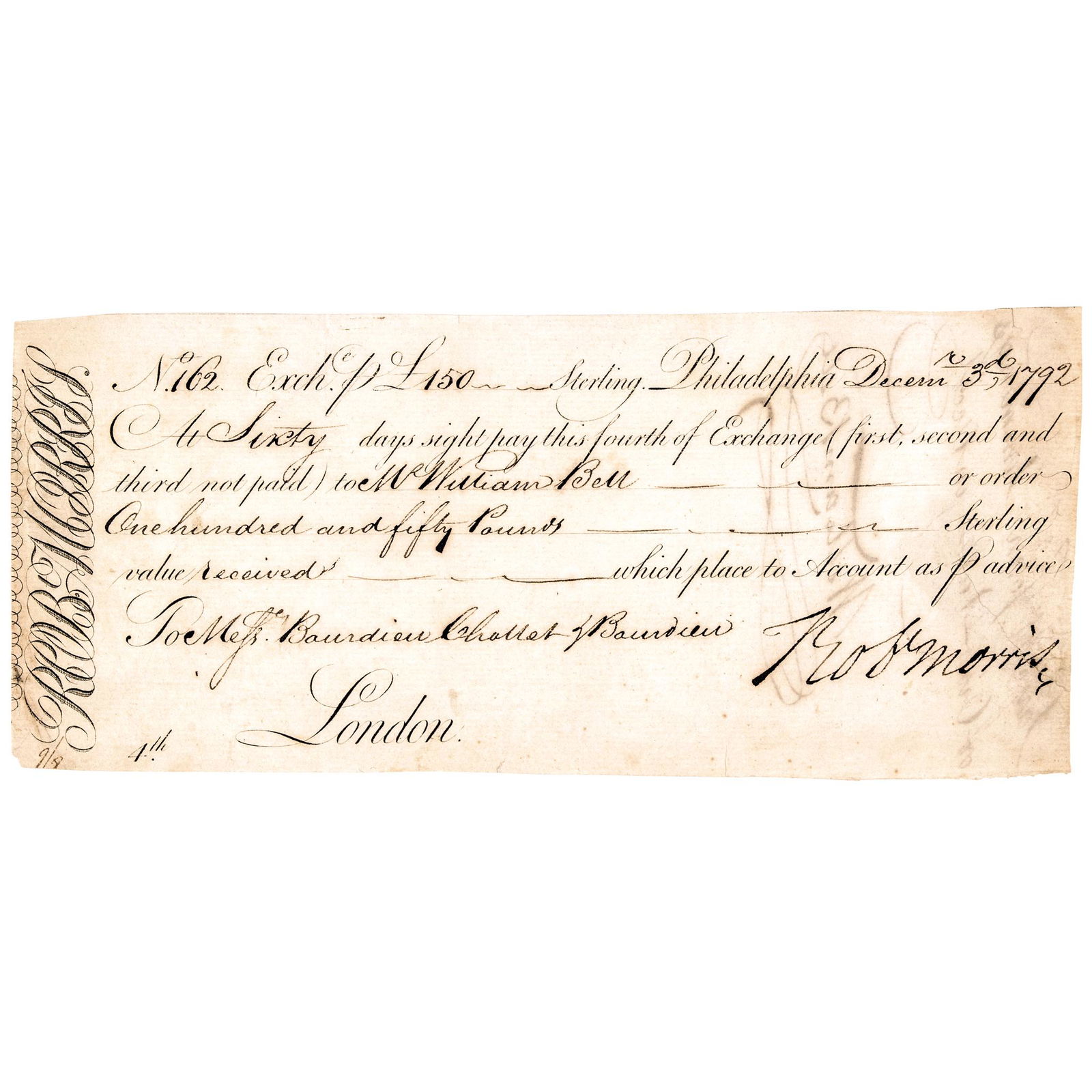 1792 ROBERT MORRIS Signed ROBt MORRIS Draft Form (1 of 3)