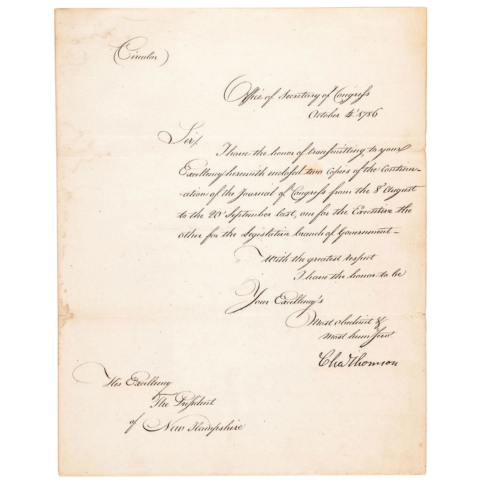 1786 CHARLES THOMSON Signed Continental Congress: Autographs Charles Thomson Continental Congress Secretary Signed Congressional Circular Transmittal Document to "His Excellency The President of New Hampshire" Dated 1786 CHARLES THOMSON (1729-1824).