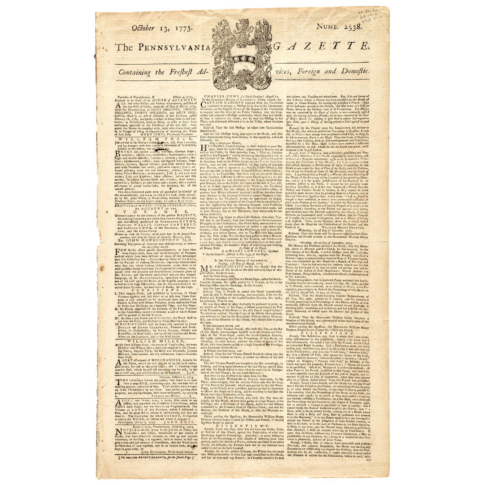 1773 Newspaper, Prelude to Boston Tea Party (1 of 6)