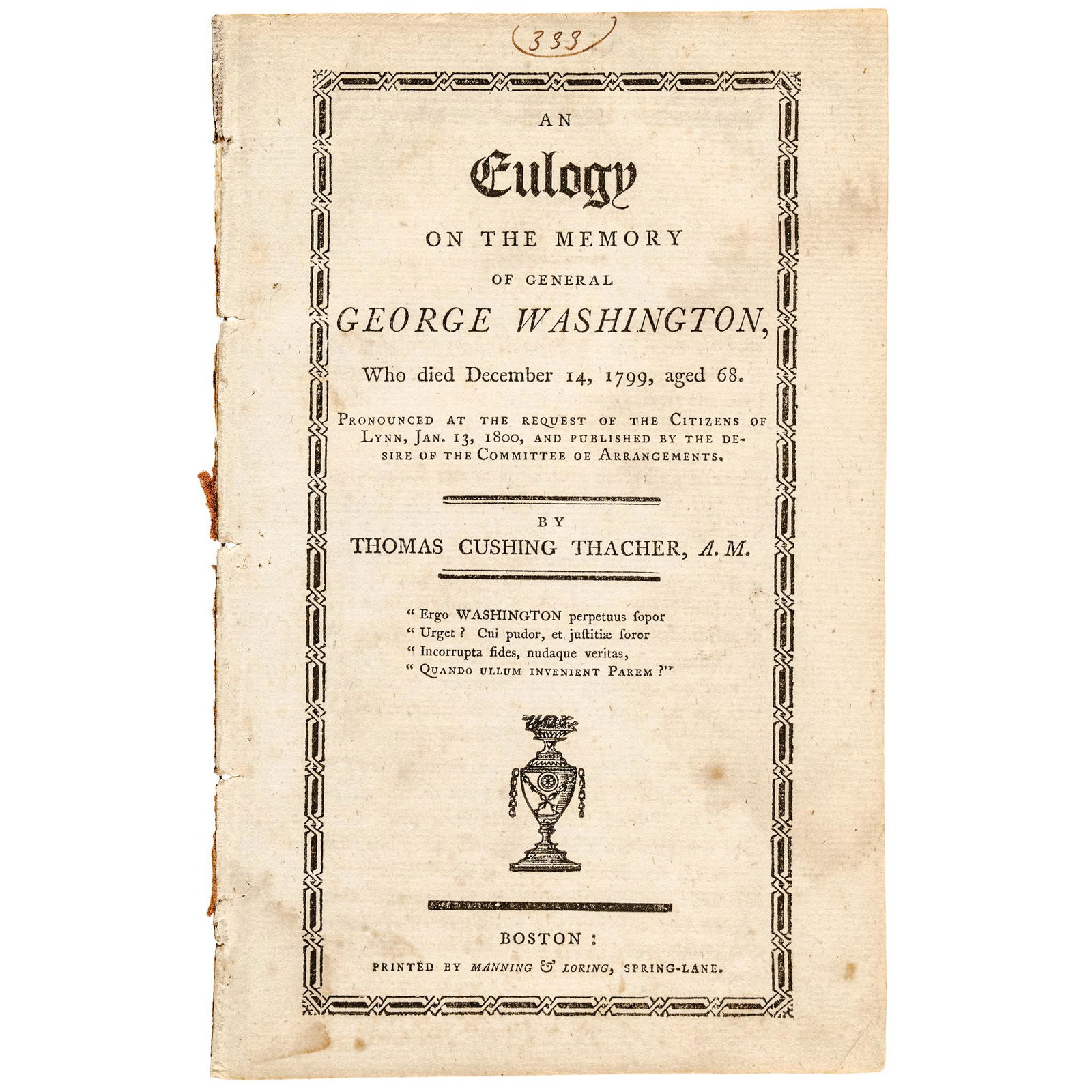 (GEORGE WASHINGTON) Eulogy, Dated 1800 at Boston (1 of 2)