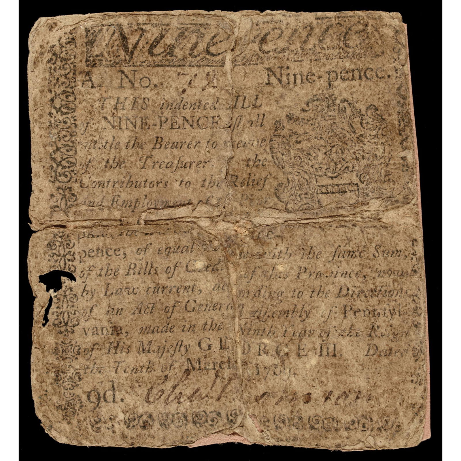 Colonial Currency 1769 PA. CHARLES THOMSON Signed: Autographs March 10, 1769 Pennsylvania Colonial Currency 9d Note Signed by Charles Thomson Continental Congress Secretary CHARLES THOMSON (1729-1824). Patriot Leader in Philadelphia during the America