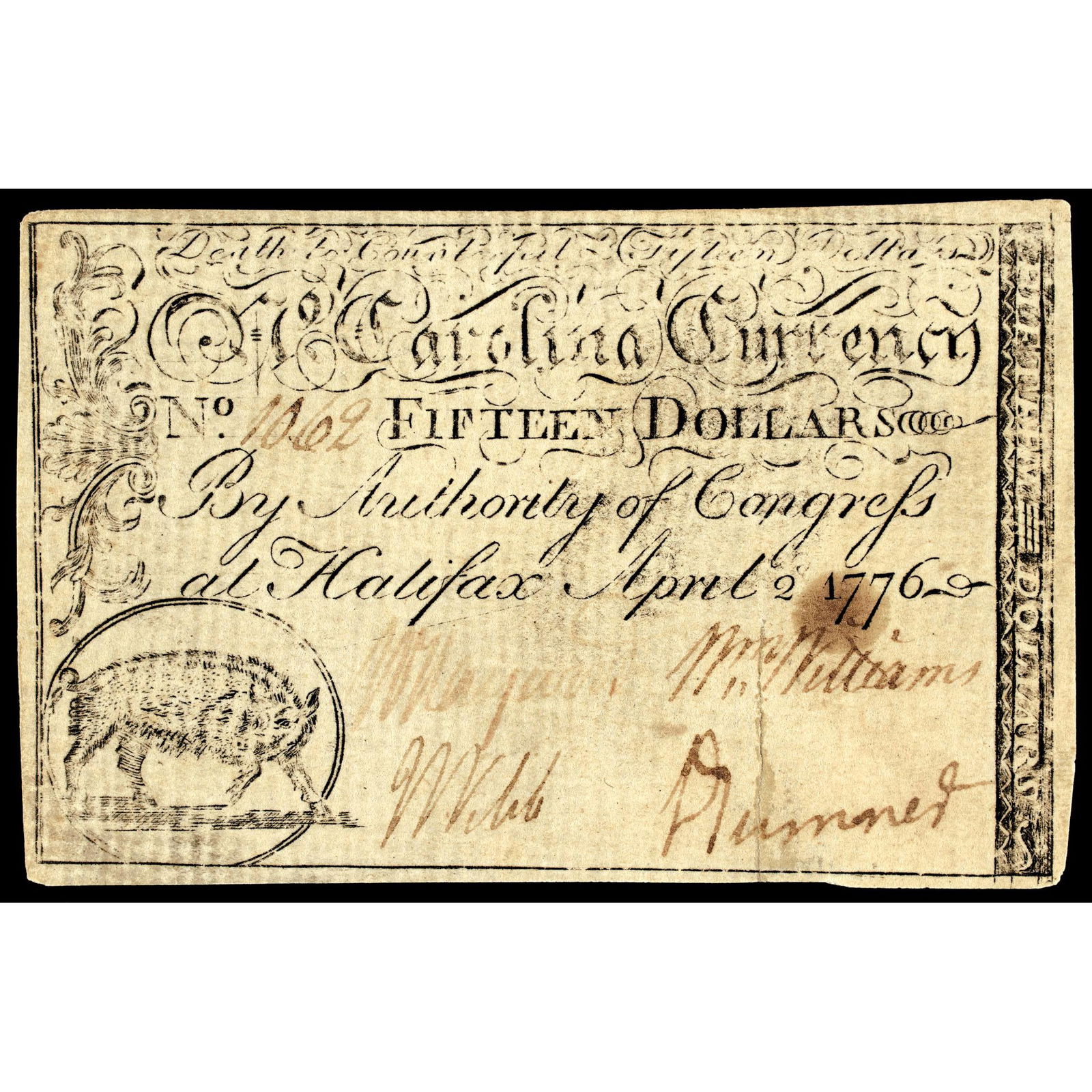 Colonial Currency NC. 1776 $15 Boar PCGS Ch AU-55 (1 of 6)