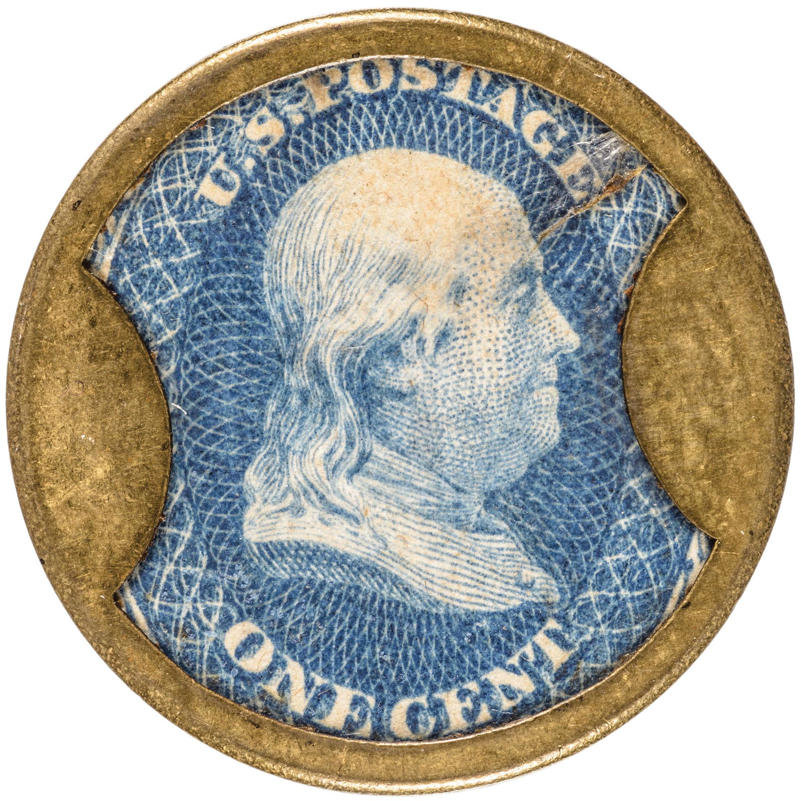 Encased Postage Stamp 1 Cent KIRKPATRICK + GAULT: Encased Postage Stamps One Cent "Kirkpatrick & Gault" Plain Frame Extreme Rarity Lacking in the John Ford & Fred Mayer Collections EP-19, HB-160, S-113, Reed KG01. One Cent. KIRKPATRICK & GAULT. Plain