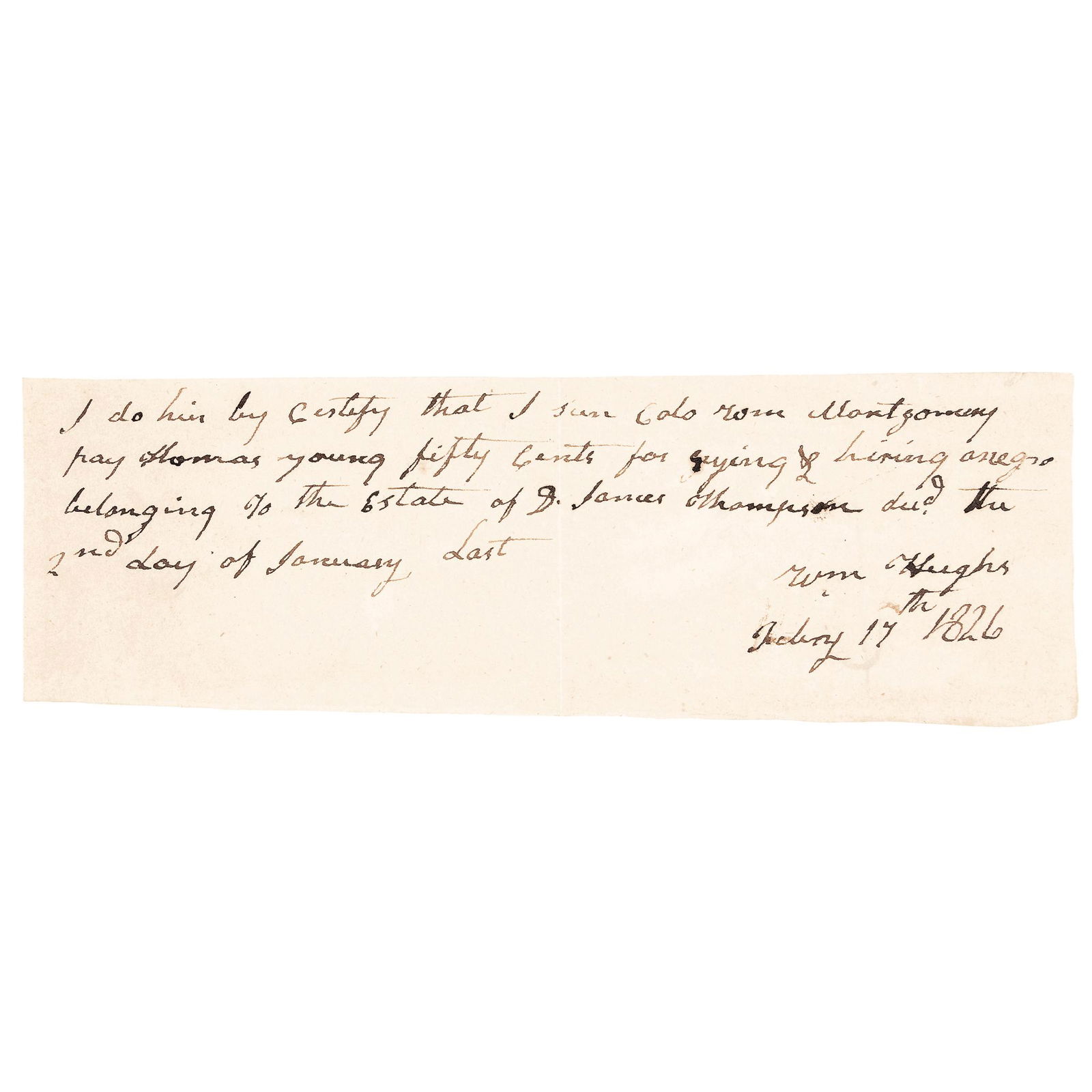 1826 Slave Auctioneer CRYING (Auctioneering) Fee (1 of 2)