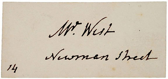 Benjamin West Visiting Card Signed: AutographsArtist Benjamin West’s Visiting Card BENJAMIN WEST, British Portrait Painter, Founder and President of the Royal Academy. Visiting Card Signed: “Mr. West / Newman Street,”