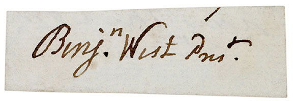 British Painter BENJAMIN WEST Signature: AutographsBENJAMIN WEST, British Portrait Painter, Founder and President of the Royal Academy. Clipped Signature “Benjn. West Prest.” as president of England’s Royal Academy, no date