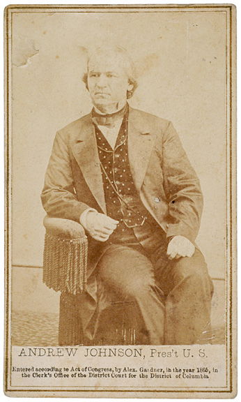 Andrew Johnson CDV by A. Gardner: Photographsc. 1865, Andrew Johnson CDV Photograph by Alexander Gardner, Very Fine. 2.5” x 4,” Albumen silver print on standard 1860s double-line mount, with Gardner's 1865 proprietary stat