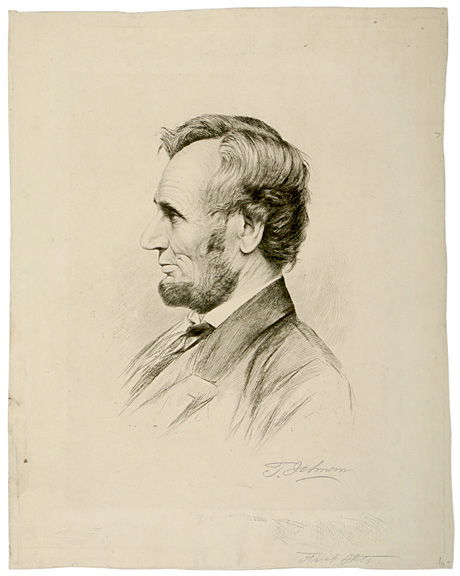 c.1865 Lincoln Engraving, by Thomas Johnson: PoliticalLifelike Profile Portrait of Lincoln Signed by the Artist “Thomas Johnson” c. 1865 Engraving of Abraham Lincoln, Signed by the Artist, Thomas Johnson, Choice Extremely Fine. Uncol