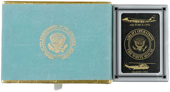 2 Decks of Air Force One Playing Cards: PoliticalAir Force One Decks Two sets of Air Force One Playing Cards, Choice Mint. Three are three decks in all, both with original boxes. The first box is turquoise felt with gold interior and featur