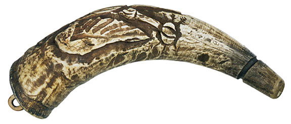 Scrimshawed Powder Horn c.1840: Powder HornsPowderhorn with “American Eagle Shield” Scrimshaw c. 1840, Hand-Engraved Powderhorn with “American Eagle Shield” Scrimshaw, Choice Extremely Fine. 8” long, li