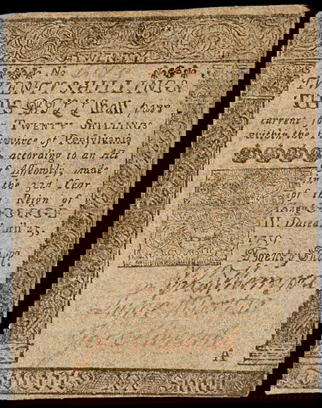 B. FRANKLIN Issue 20s Note Signed by C. Thomson: Colonial Notes Printed by B. Franklin“Charles Thomson” Signed “Printed by B. FRANKLIN” Issue PA, April 25, 1759, 20s, Plate A, “Printed by B. FRANKLIN” issue, Choic