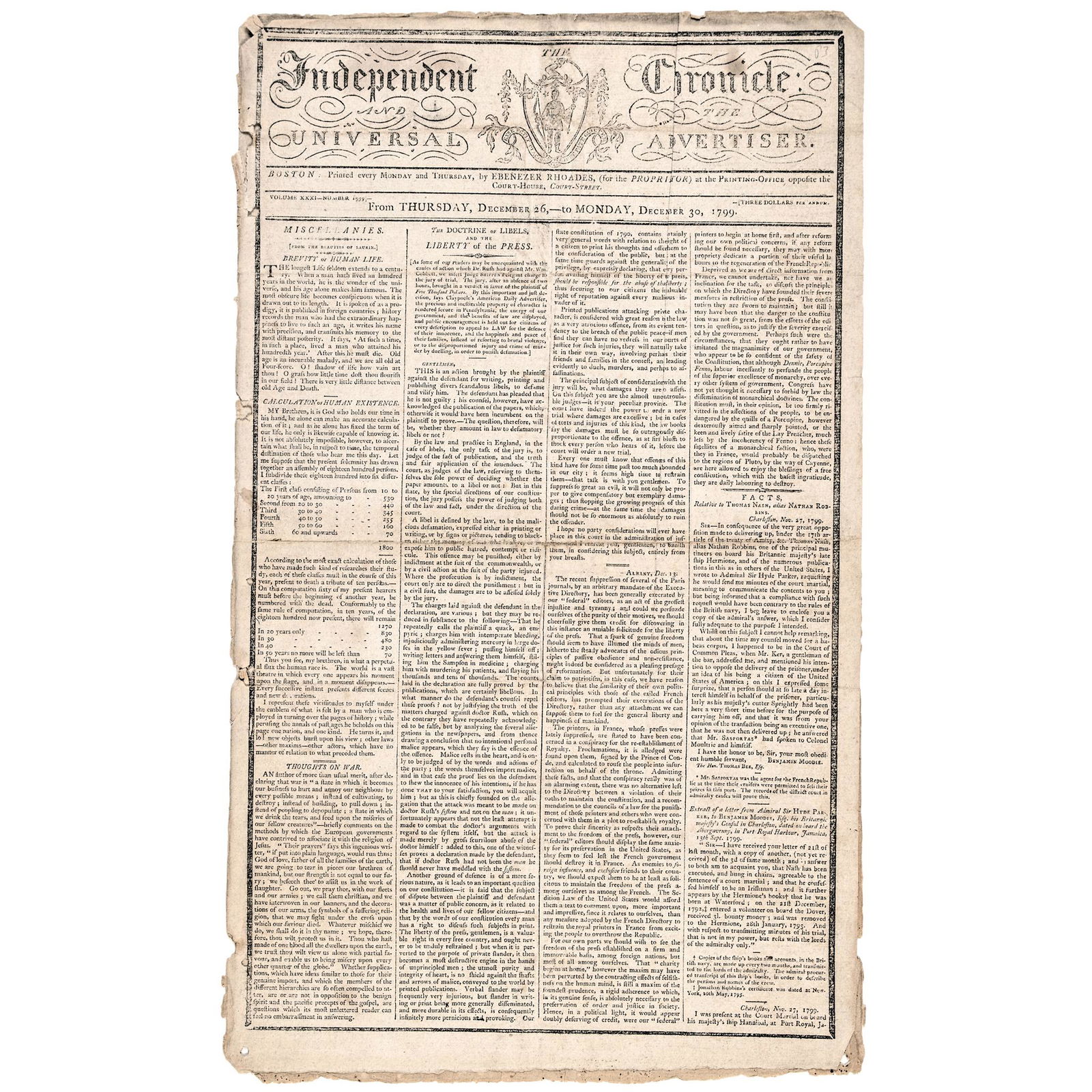 Dec. 26 - 30, 1799 Death of Washington Newspaper (1 of 10)