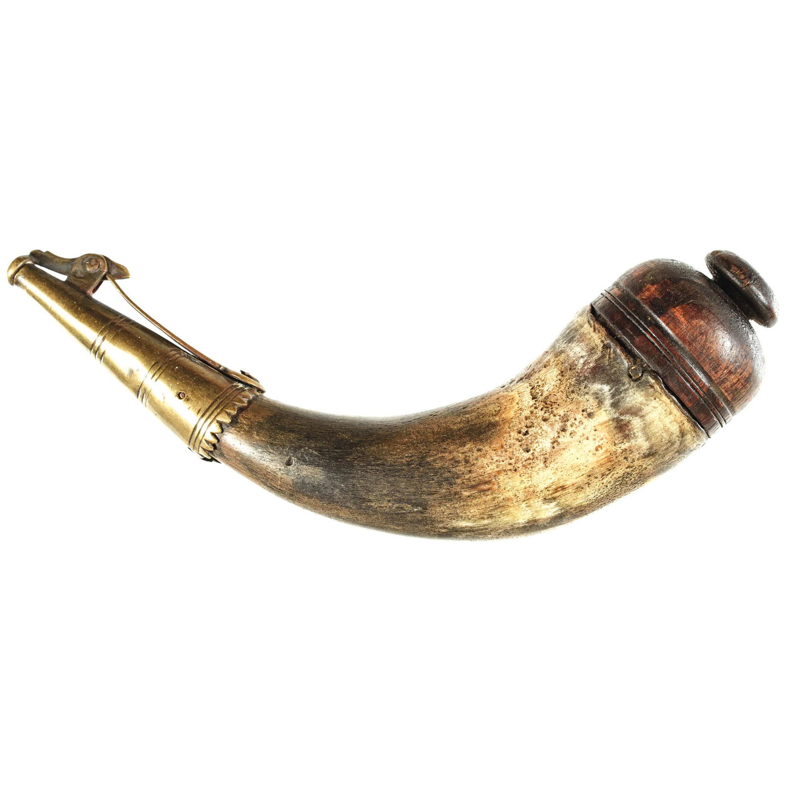 War of 1812 Era Cannon/Musket Priming Powder Horn: War of 1812 War of 1812 Era Cannon / Musket Priming Powder Horn War of 1812 Era, Cannon / Musket Hand-Carved Priming Powder Horn with Brass Tip and Lever, Extremely Fine. This decorative turned-cap ca