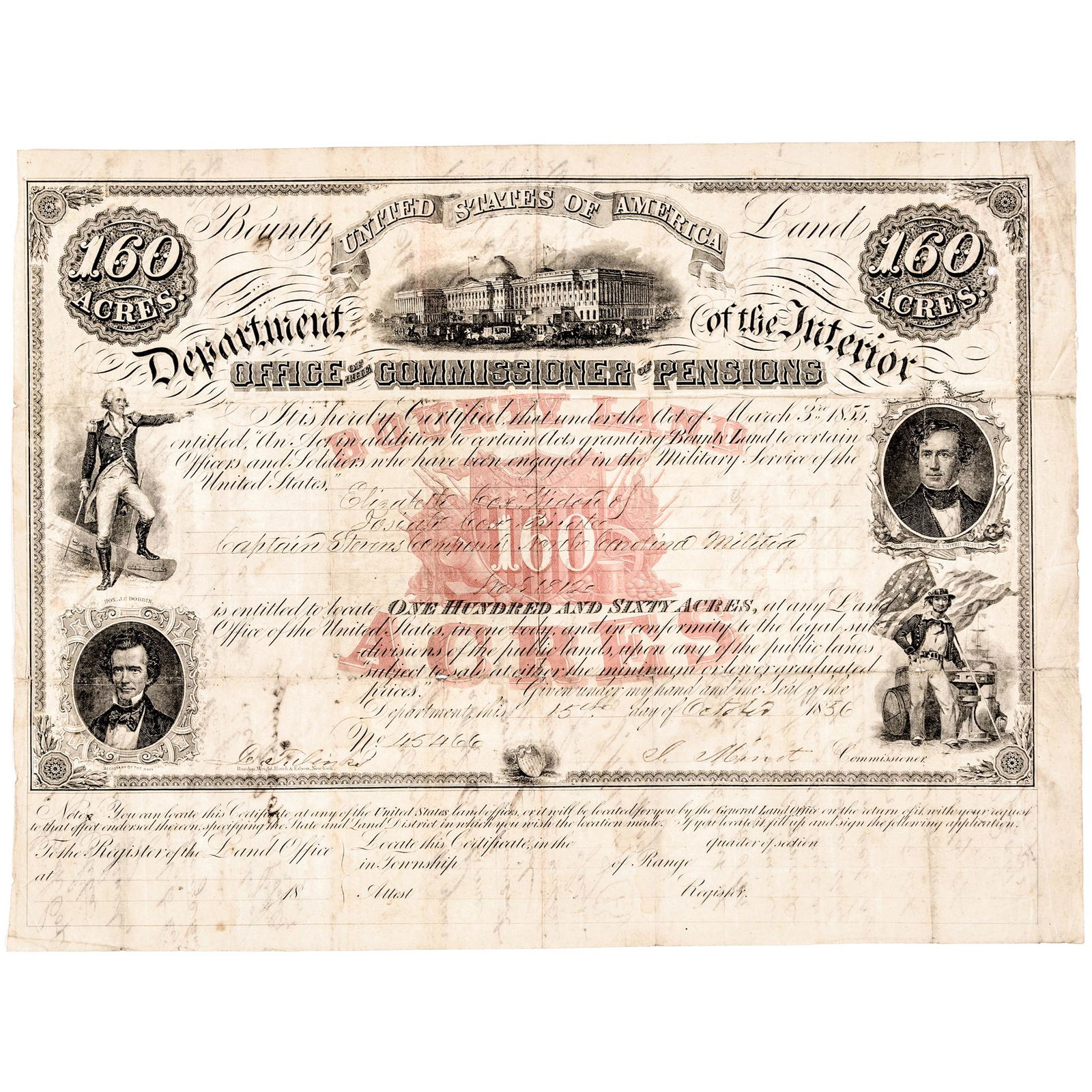 1856 Bounty Land 160 Acres - Pension Certificate (1 of 2)