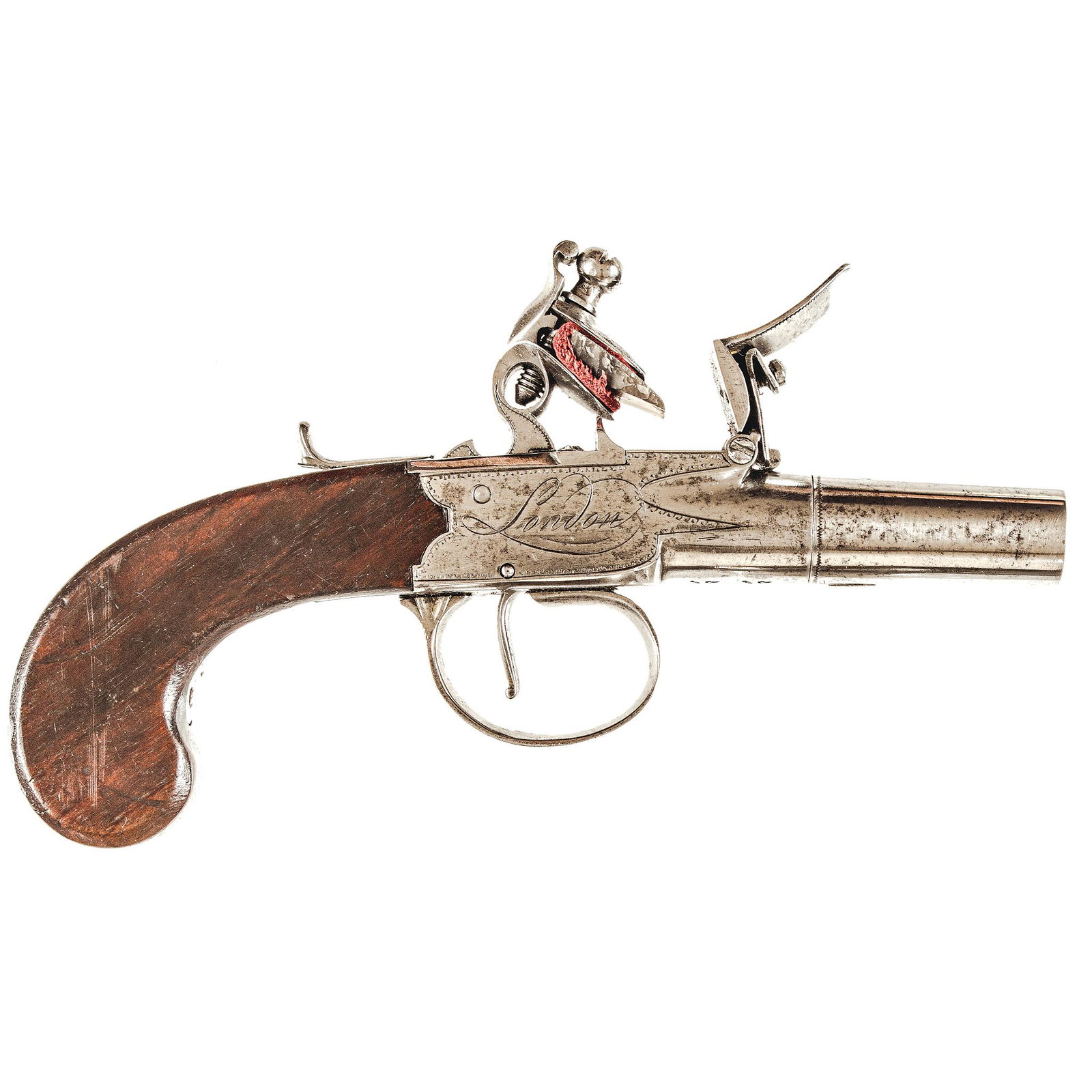 Revolutionary War Flintlock Pistol Pair w/Case: Guns Pair of Revolutionary War English Flintlock Pistols w/Case c. 1770s American Revolutionary War Period, Pair of English Flintlock Box-Lock Pistols, by Maker "WILSON," London with Case, Extremely F