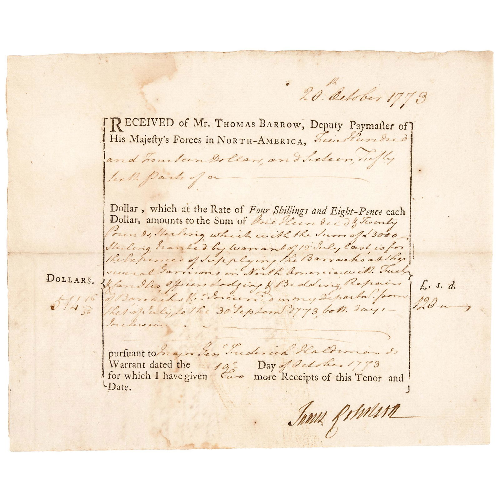 British General JAMES ROBERTSON Signed N.Y. Gov.: Autographs 1773 British General James Robertson and Later Royal British Governor of New York Signed Document JAMES ROBERTSON (1717-1788). British Army General who participated in American Revolutionar
