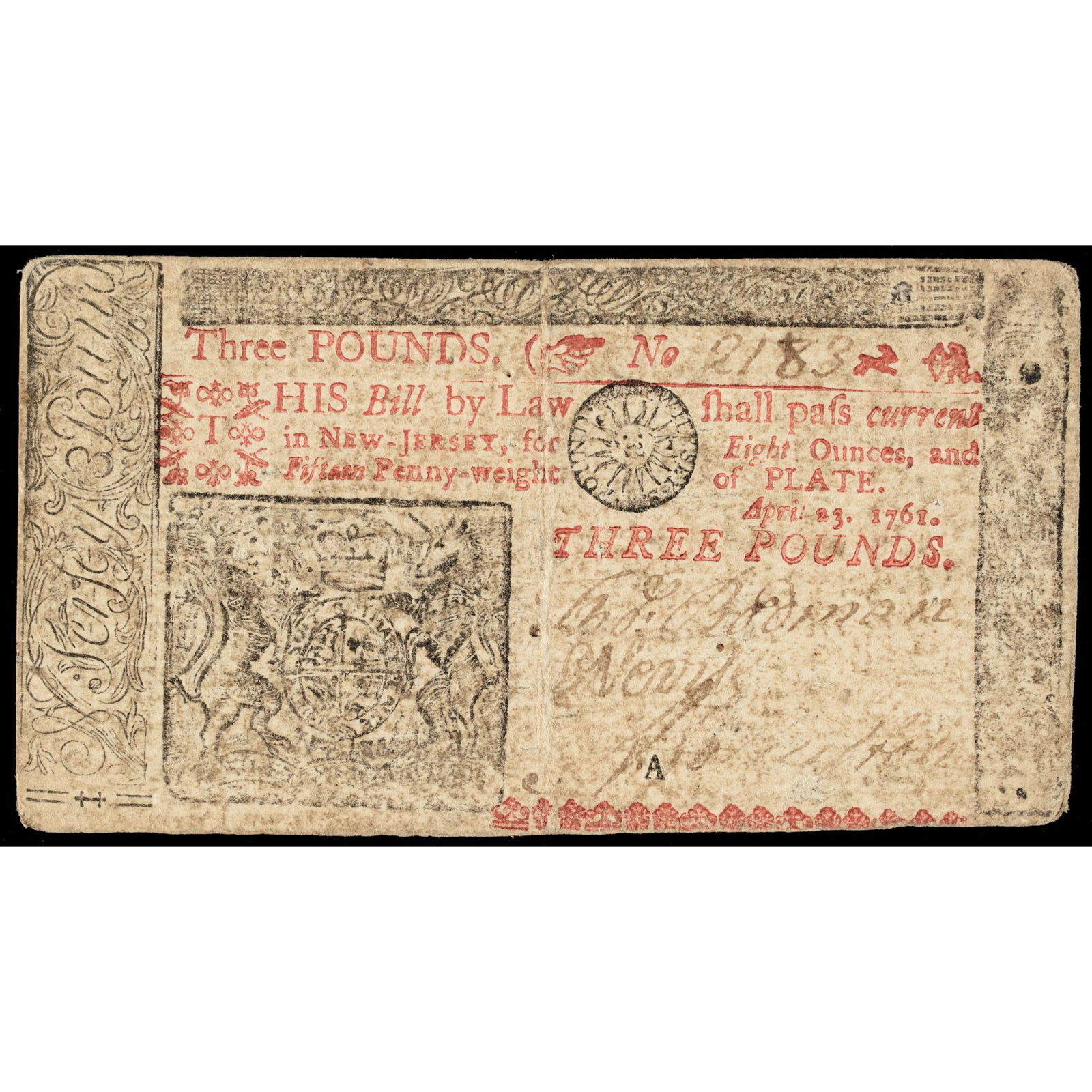 Colonial Currency NJ April 1761 3 Pounds Ex: Ford (1 of 6)