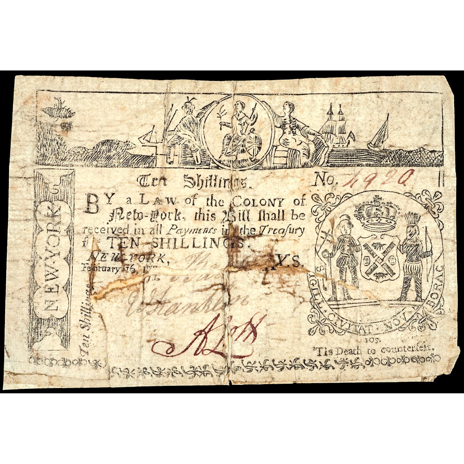 Colonial Currency, NY. Feb 16, 1771 10s Cfeit. (1 of 2)