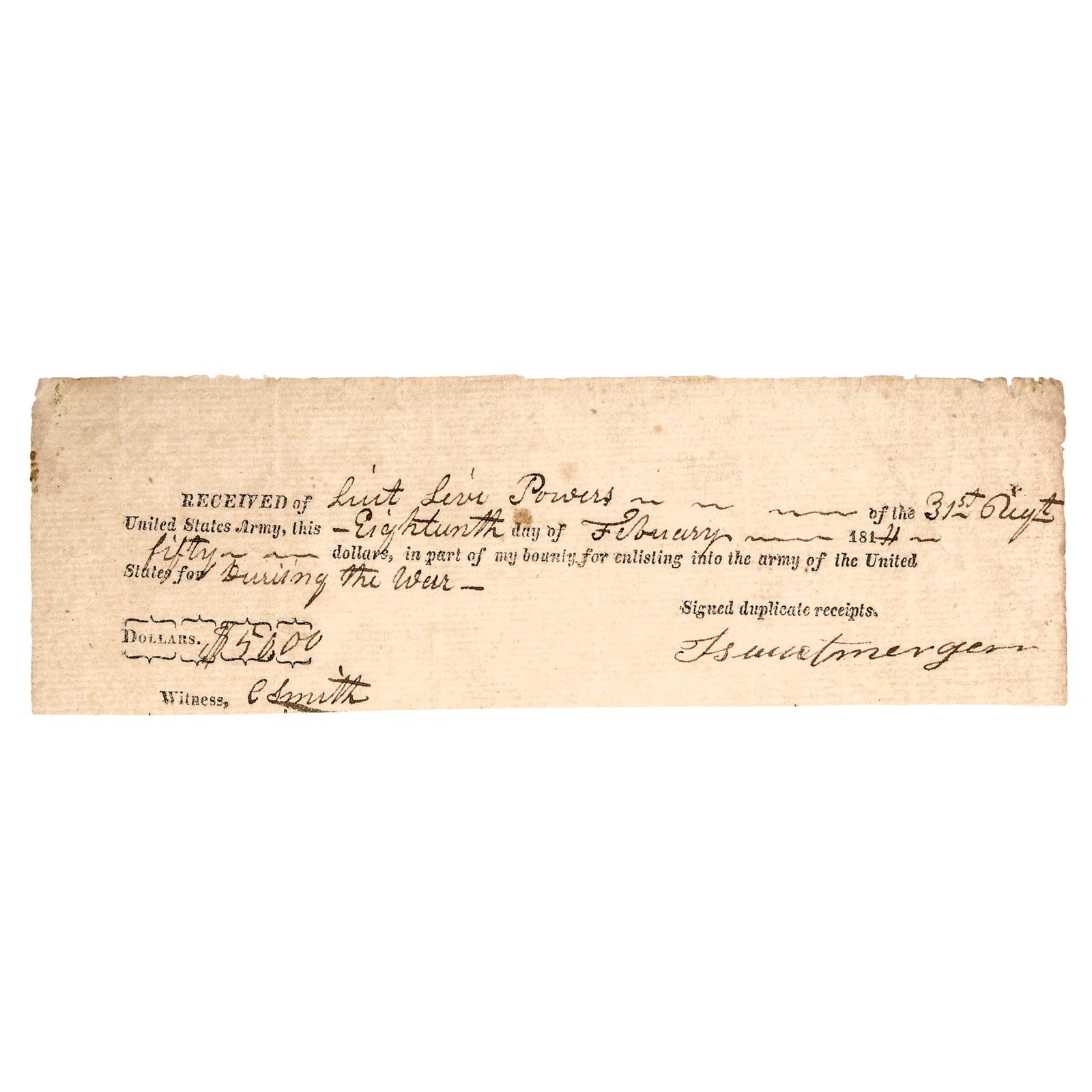 Isaac Morgan War of 1812 Army Enlistment Bounty: War of 1812 Isaac Morgan's War of 1812 Enlistment Bounty Receipt February 18, 1814-Dated War of 1812, Partially-Printed United States Army Enlistment Bounty Receipt, to Isaac Morgan, Fifty Dollars, Ch