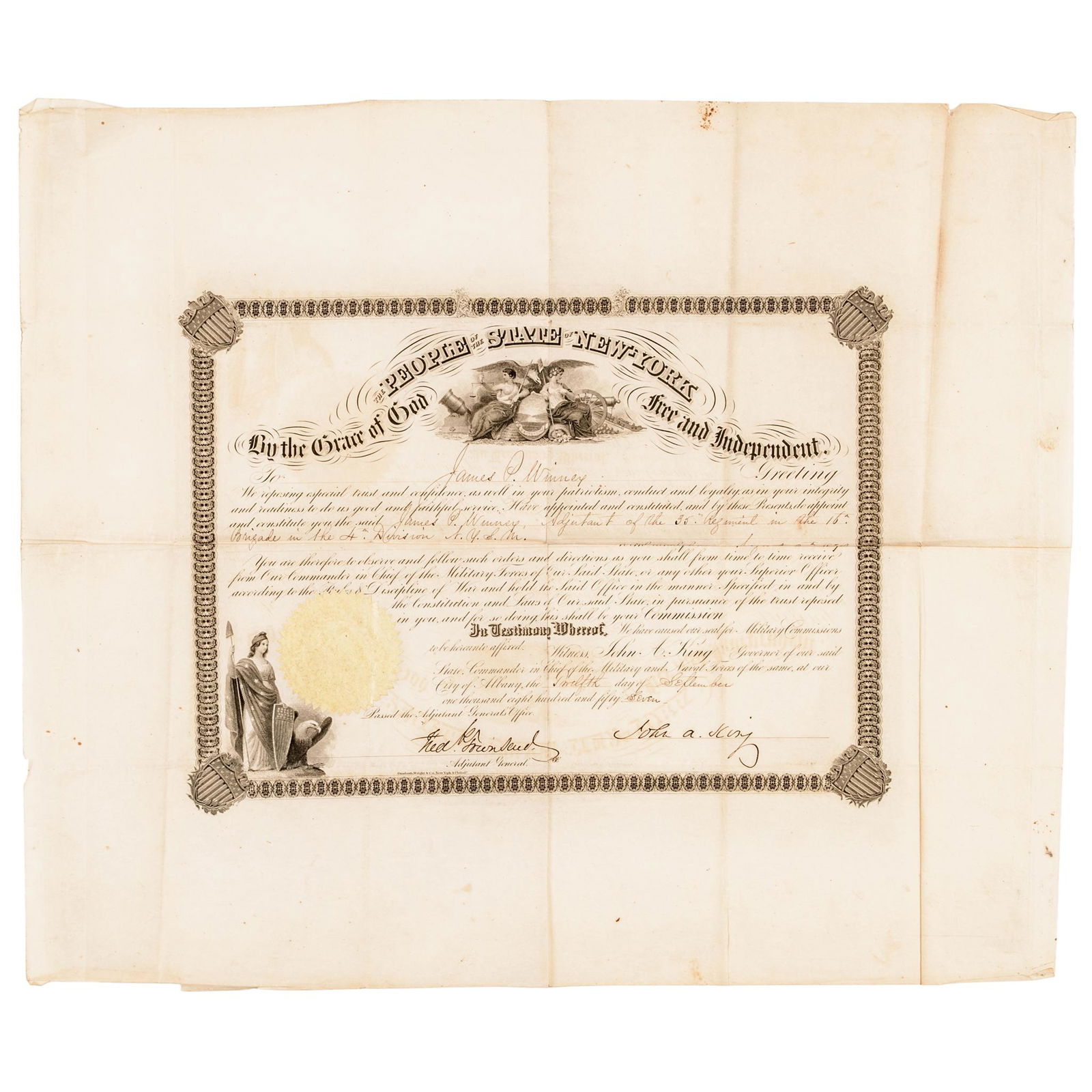 1857 New York Military Appointment Document (1 of 2)