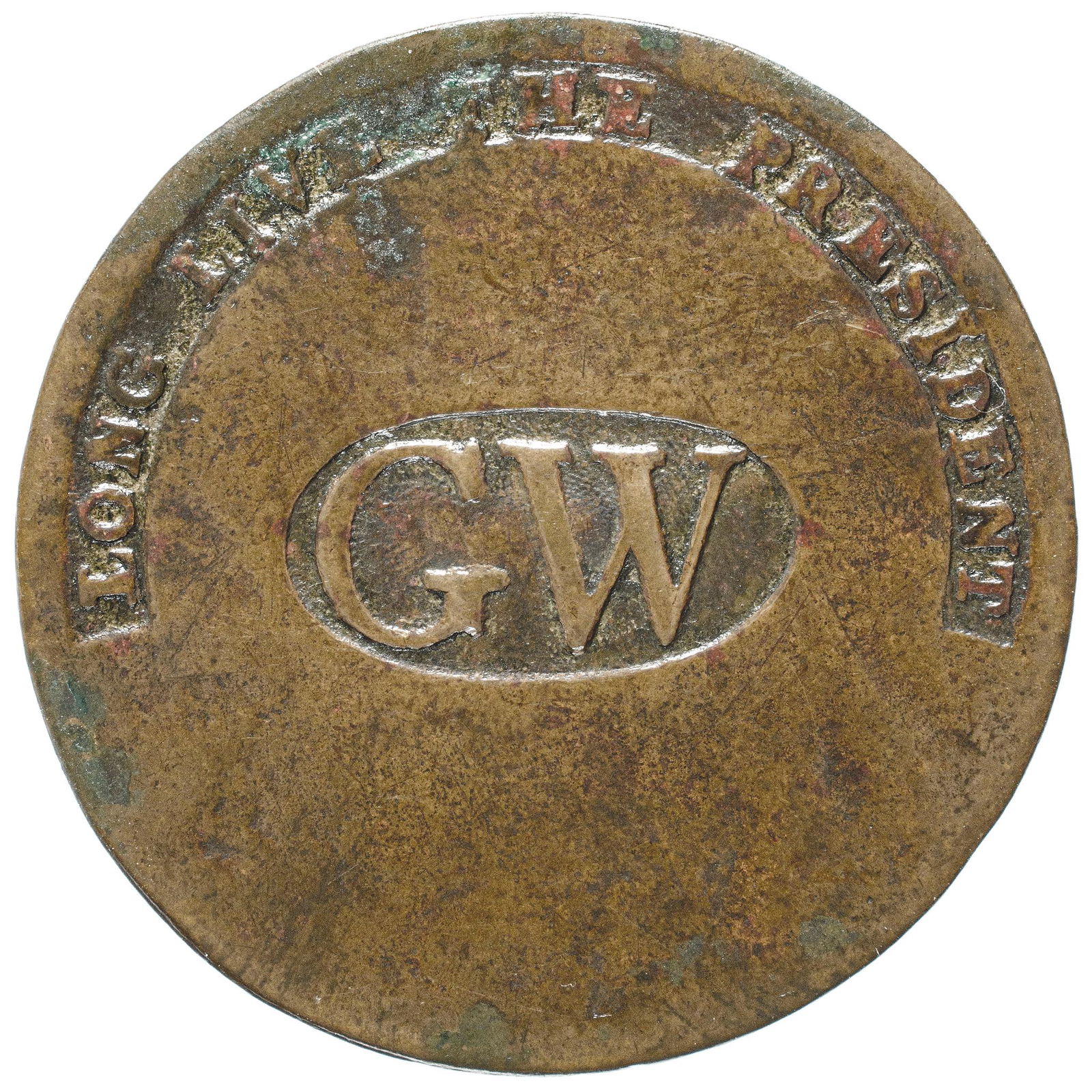 1789 George Washington Inaugural GW Button WI-11A: Washington Buttons "Long Live The President" With "GW" In Block Letters (1789) George Washington Inaugural Button, "LONG LIVE THE PRESIDENT" with central oval "GW" in Block Letters, Albert WI-11A, wit