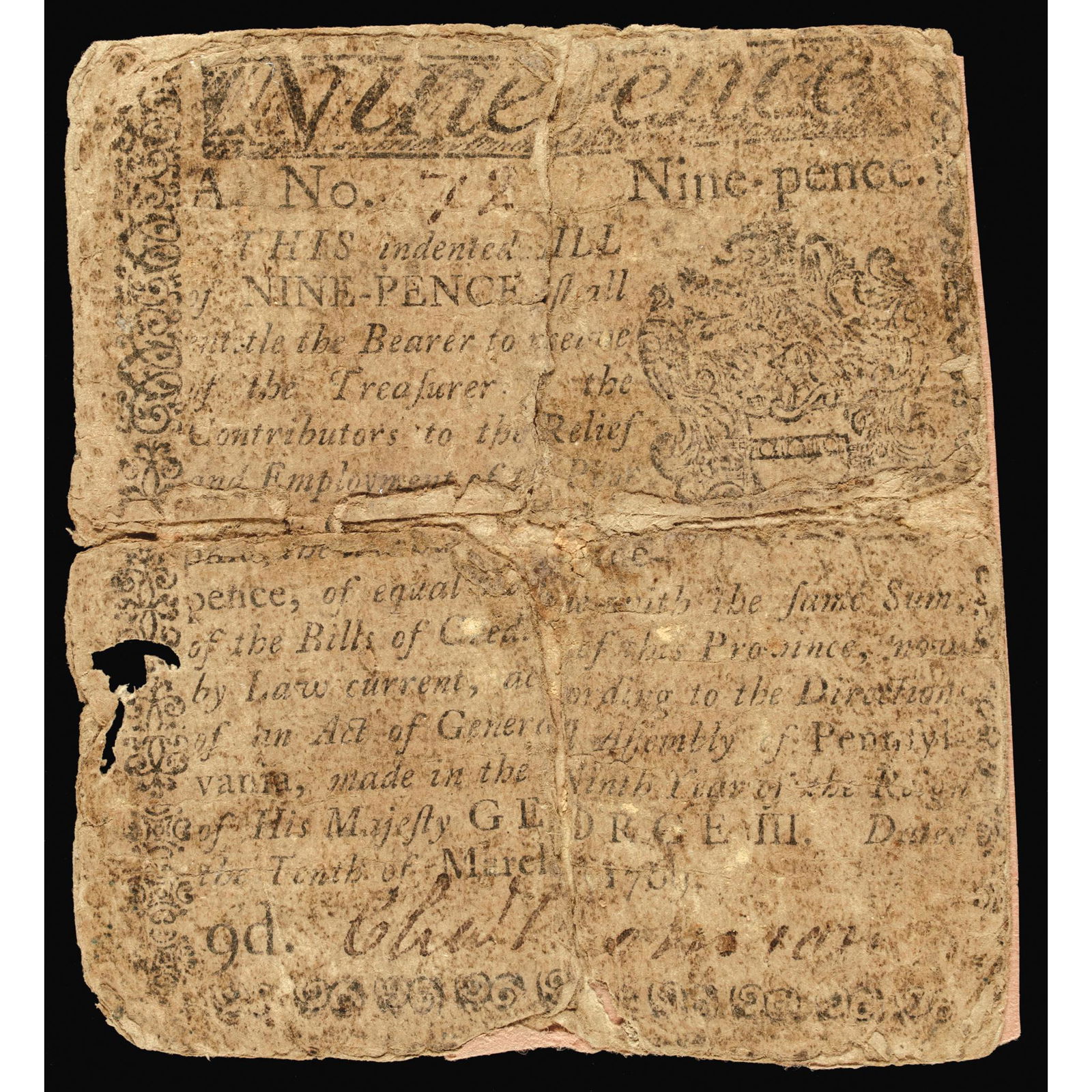 Colonial Currency 1769 PA. CHARLES THOMSON Signed: Autographs Charles Thomson Continental Congress Secretary Signed March 10, 1769 Pennsylvania 9d Colonial Currency Note CHARLES THOMSON (1729-1824). Patriot Leader in Philadelphia during the American R