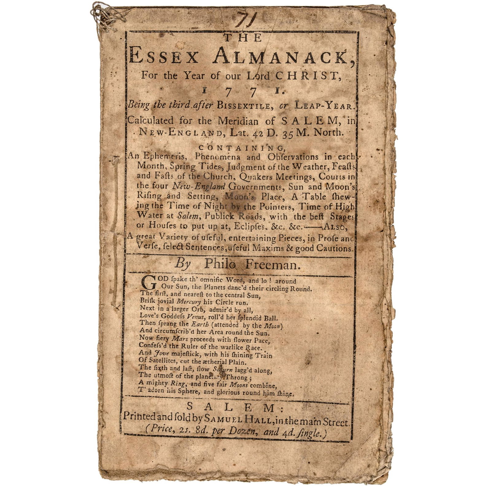 1771 Essex Almanack Printed in Salem New England (1 of 3)